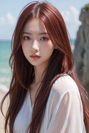 1girl, solo, long hair, looking at viewer, red hair, black eyes, lips, realistic, seaside,:)