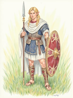 J. Barrick watercolor style painting of a (classical era) elven solider standing in green field, Elven warrior, ((iron age roman chainmail armor)), chainmail, holding iron spear, large greek shield, ((late roman helmet)), pointed ears, pale skin, blue eyes, wavy blonde hair, classical era, white and navy blue cloak, masculine facial features, sharp jaw