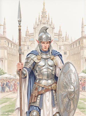 J. Barrick watercolor style painting of a (classical era) elven divine general standing infront of massive elven city, Elven divine general ((iron age silver ancient greek armor)), silver breastplate, holding silver spear, large silver shield, ((greek helmet)), pointed ears, pale skin, silver eyes, white hair, classical era, white and navy blue cloak, masculine facial features, sharp jaw