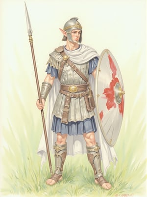 J. Barrick watercolor style painting of a (classical era) elven militia soldier standing in green field, Elven warrior, ((iron age roman tunic), holding iron spear, large greek shield, ((late roman helmet)), pointed ears, pale skin, blue eyes, classical era, white and navy blue cloak, masculine facial features, sharp jaw