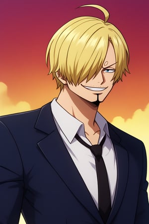 1boy, sanj1op, hair covering one eye, blonde, smirk, suit