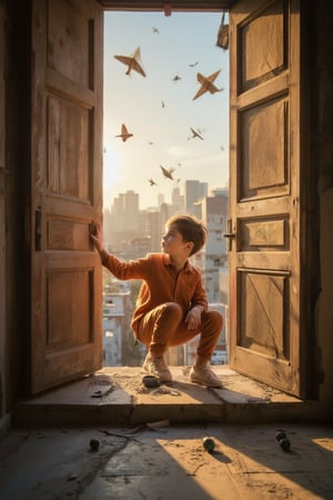 A whimsical moment captured in a soft, golden light. A young boy with a bright orange jumpsuit and matching sneakers, surrounded by fluttering paper planes, sits elegantly on the edge of a vintage wooden door set against a blurred cityscape at dusk. His left arm stretches out, as if embracing the sky, while his right hand holds a retro-style compass. In the foreground, a scattering of forgotten marbles adds a touch of nostalgia.