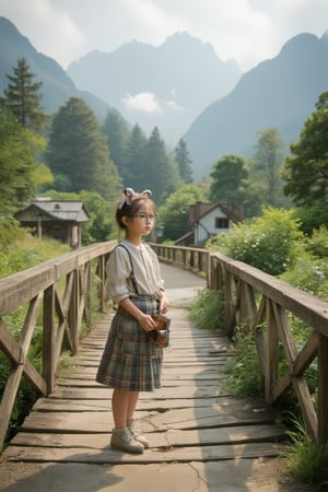 A whimsical snapshot captures a carefree moment: a bespectacled young girl with a tartan skirt and oversized bow-adorned hair clips poses on a weathered wooden bridge amidst lush greenery, her puffed sleeves fluttering in the breeze as she clutches a vintage-inspired music box and gazes out at the distant mist-shrouded mountains.