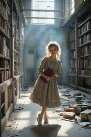 A whimsical snapshot captures a carefree moment on a misty morning in an abandoned library. A bright-eyed girl with curly blonde pigtails and a vintage-inspired dress adorned with ruffled trim poses elegantly amidst bookshelves, her hands cradling a worn leather-bound volume. Her gaze is fixed on the camera, a hint of mischief sparkling in her eyes as she nonchalantly kicks at the dusty floorboards, surrounded by scattered pages and forgotten knowledge.