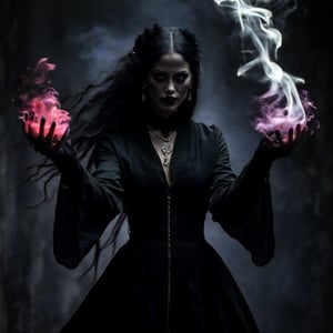 Dark woman in modern clothes and casting dark magic 