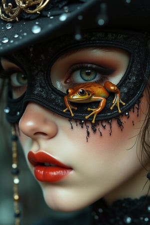 a ultra close up tiny little frog in a raindrop, a close up of a person wearing a mask, dreamy gothic girl, elegant render, half body photo, mistress, photoshop render, ebony rococo, elegant girl, female spy, haunting beautiful young woman, super-hero girl, extravagant dress, beauty girl, zorro, broad brimmed black hat, 8k resolution,Auguste Renoir ~ Paul Peel ~ John Singer Sargent ~ Alexandre-Jacques Chantron ~ John William Godward ~ John William Waterhouse ~ Han-Wu Shen ~ Ishitaka Amano ~ Chakrapan Posayakrit ~ Kim Jung Gi ~ Kei Mieno ~ Ikushima Hiroshi ~ WLOP ~ William-Adolphe Bouguereau ~ Alphonse Mucha ~Luis Royo ~ Range Murata ~ Jock Sturges photography ~ David Hamillton photography ~ Rustic Sketchbook Style, Sketch Book, Hand Drawn, Dark, Gritty, Realistic Sketch, Rough Sketch, Mix of Bold Dark Lines and Loose Lines, Bold Lines, On Paper, Turnaround Character Sheet, Natural Light, Dynamic, Highly Detailed, Watercolor Painting, Watercolor Paper, Artstation, Concept Art, Smooth and Crisp, Sharp Focus, Illustration, Goth girl,.retro glam,,surreal,sparkles