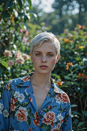 Full body,fashion photography portrait of young beautiful European woman, short white hair, freckles in her face, in blue lush jungle with flowers and birds,  4k hyper realistic, symetrical, octane render, 35mm, bokeh, (intricate details:1.12), hdr, (intricate details, hyperdetailed:1.15), (natural skin texture, hyperrealism, soft light, sharp:1.2),