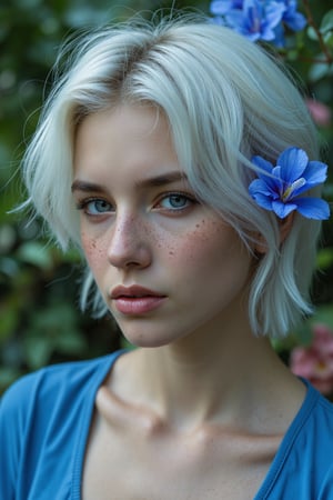 Full body,fashion photography portrait of young beautiful European woman, short white hair, freckles in her face, in blue lush jungle with flowers and birds,  4k hyper realistic, symetrical, octane render, 35mm, bokeh, (intricate details:1.12), hdr, (intricate details, hyperdetailed:1.15), (natural skin texture, hyperrealism, soft light, sharp:1.2),