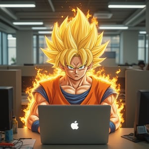 Goku's radiant physique glows with an electrifying aura as he sits intently in front of a modern laptop, its screen reflecting his worried expression amidst the sterile office environment. His superhuman features seem almost otherworldly against the drab backdrop of beige cubicles and fluorescent lighting. A furrowed brow and tightly pursed lips convey the weight of his concerns as he gazes at the computer's glowing screen,AniReal,illustration