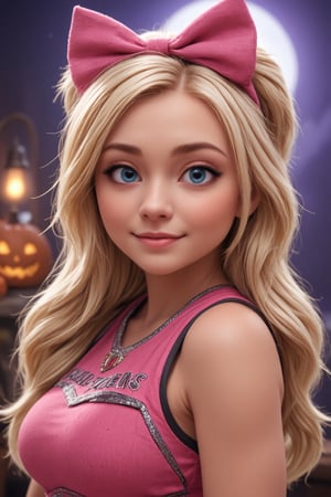 masterpiece, best_quality, high_quality, 1girl, addison, /(z.o.m.b.i.e.s)/, cheerleader, pink_cheerleader, pink_bowhead, blonde_hair, blue_eyes, makeup, disneyland, halloween, english-text, (happy halloween 2024), 3d, halloween_background, :), 8k, pixar_style