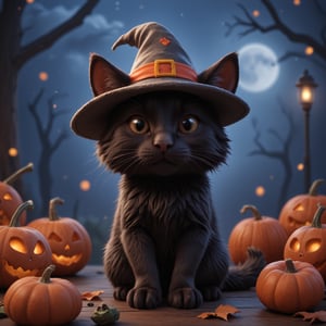 masterpiece, best_quality, high_quality, black cat, witch hat, cute, (happy halloween 2024), 3d, halloween_background, :), 8k, pixar_style, cartoon