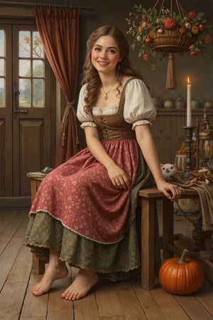 painting, beautiful 25 year old medieval german woman, smiling, dirndl, barefoot.  focus on her foot. foot in focus. october fest