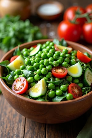 Peas in a Salad:
A colorful salad bowl filled with peas, mixed greens, cherry tomatoes, cucumber slices, and a drizzle of olive oil. The background shows rustic kitchen tools and ingredients for a fresh feel.