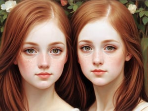 cute,  long_hair,  young, ,  caucasian, pale_skin, pale, white skin, white_skin, redhead, ginger freckles,  score_9, score_8_up, score_7_up,  high_resolution, high_quality, , pretty, perfect_face, 2_girls, twins, identical_twins, identical, clones,   sisters, , ,, , perfect_eyes, eyes, beautiful, beautiful_eyes, flawless, flawless_eyes, flawless_face, , , oil_painting, waterhouse, classical, style_of_waterhouse, john_william_waterhouse,