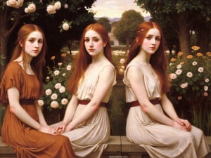 cute,  long_hair,  young, ,  caucasian, pale_skin, pale, white skin, white_skin, redhead, ginger freckles,  score_9, score_8_up, score_7_up,  high_resolution, high_quality, , pretty, perfect_face, 2_girls, twins, identical_twins, identical, clones,   sisters, , ,, , perfect_eyes, eyes, beautiful, beautiful_eyes, flawless, flawless_eyes, flawless_face, , , oil_painting, waterhouse, classical, style_of_waterhouse, john_william_waterhouse, flowing dress, sitting in flowers, golden hour