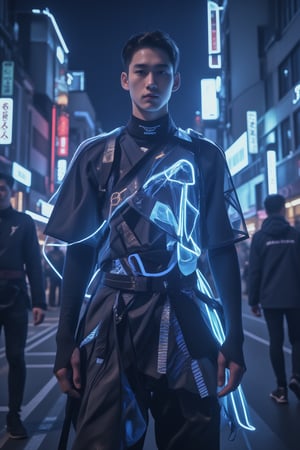 A close-up shot of a young Asian male, dressed in a sleek neon-lit samurai suit, with mecha armour, reminiscent of a futuristic Fluxboy. The suit's reflective material glistens under the city's neon lights as he stands confidently against a dark, gritty futuristic urban backdrop, his eyes gleaming with a hint of rebellion. realistic,detailed,sharp focus,high contrast,rule of thirds,depth of perspective,award-winning photo,chiaroscuro lighting