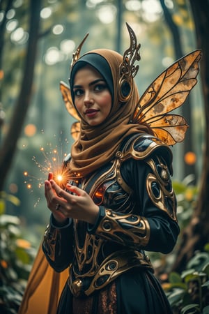 Create a HyperRealistic image, In a magical world, a hijab fairy princess wearing a mecha skin suit armour with kong hijab , pashmina and kaftan share an enchanting magical story. The majestic and powerful, exudes an aura of the fairy princess with a flower aura on her hands, ethereal and graceful, glows with an otherworldly beauty.  depicted in a lush, enchanted forest, filled with vibrant colors and magical flora. The style is a combo of an Art Neuvo Manhwa and color pallete muted earth shades and greens,mecha skin,Film style