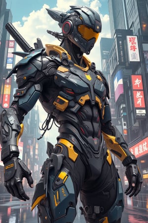 Comic art character blended with realistic background. Anime Character of mecha Cyberpunk ninja in punching action style, wear cyber ninja mecha armour,standing in heroic style with realistic Film style citypunk background.
