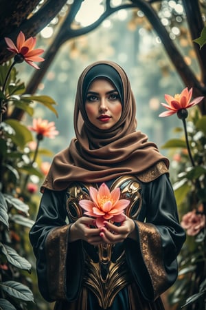 Create a HyperRealistic image, In a magical world, a hijab fairy princess wearing a mecha skin suit armour with long hijab, pashmina and kaftan share an enchanting magical story. The majestic and powerful, exudes an aura of the fairy princess with a flower aura on her hands, ethereal and graceful, glows with an otherworldly beauty.  depicted in a lush, enchanted forest, filled with vibrant colors and magical flora. The style is a combo of an Art Neuvo Manhwa and color pallete muted earth shades and greens,mecha skin