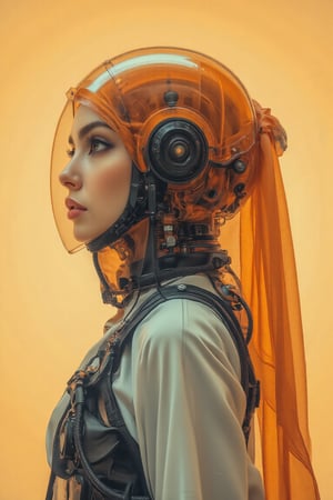 poster of A cyber spacepunk hijabis girl wear FULL VISOR orange transparent glass helmet armour  Orenz style, with long hijab and pashmina. she ALSO wear WHITE, ORANGE METAL LOOSE mecha armour SUIT OUTFIT, featuring black wires and tubes on its body, in profile view. the cyberpunk in dynamic action pose style.The style is futuristic sci-fi art with elements of dark gray and light bronze, showcasing hyper-realistic details. It has an illustrative quality to it with an emphasis on the character's head being transparent. This design incorporates elements from retro-futurism and neo-porcelain style. n dynamic modeling pose, cinematic style, high resolution, high detail, high quality, high contrast, professional photography, professional lighting, precise details, solid color background, masterpiece, best quality, highres, perfect artwork, best design award winner. hipster style,Film style