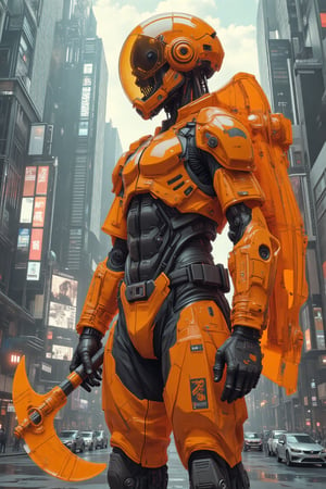 Comic art character blended with realistic background. Anime Character of mecha Cyberpunk wear orange transparent Orenz shield armour , holding orange transparent axe skull, standing in heroic style with realistic Film style citypunk background.
