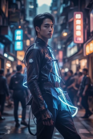 A close-up shot of a young Asian male, dressed in a sleek neon-lit samurai suit, with mecha armour, reminiscent of a futuristic Fluxboy. The suit's reflective material glistens under the city's neon lights as he stands confidently against a dark, gritty futuristic urban backdrop, his eyes gleaming with a hint of rebellion. realistic,detailed,sharp focus,high contrast,rule of thirds,depth of perspective,award-winning photo,chiaroscuro lighting