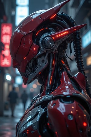 A close-up shot of a matte polycarbonate surface reflecting a red and silver cyberpunk cyborg. The cyborg's metallic body is detailed with vibrant red accents and sleek silver components, blending seamlessly with the reflective material. The lighting is neon and futuristic, highlighting the metallic elements and casting dynamic shadows. The composition is centered, focusing on the cyborg's advanced technology and the smooth, reflective surface.,Film style