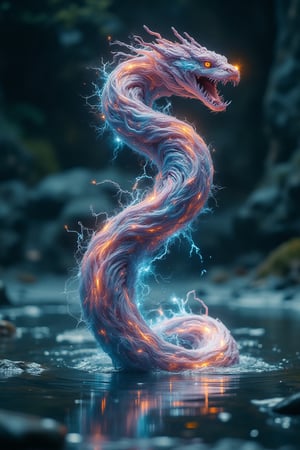 An electrically charged quantum serpent coils wear mecha armour tightly at the center of a pristine still, its rainbow-hued scales shimmering with otherworldly brilliance. This mesmerizing.,Film style