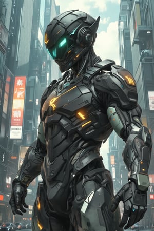 Comic art character blended with realistic background. Anime Character of darkgrey male mecha in action style, wear cyber ninja mecha armour,standing in heroic style with realistic Film style citypunk background.
