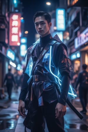 A close-up shot of a young Asian male, dressed in a sleek neon-lit samurai suit, with mecha armour, reminiscent of a futuristic Fluxboy. The suit's reflective material glistens under the city's neon lights as he stands confidently against a dark, gritty futuristic urban backdrop, his eyes gleaming with a hint of rebellion. realistic,detailed,sharp focus,high contrast,rule of thirds,depth of perspective,award-winning photo,chiaroscuro lighting,Film style