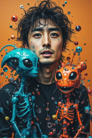 poster of a perfectly hypster asian man hugging and surrounding by 3d alien doodle,  in dynamic modeling pose, cinematic style, high resolution, high detail, high quality, high contrast, professional photography, professional lighting, precise details, solid color background, masterpiece, best quality, highres, perfect artwork, best design award winner. hipster style,Film style