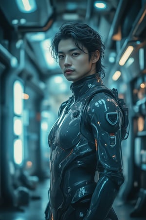 In a luminous, high-tech space station, a Niji-inspired protagonist dons sleek mecha armor within a futuristic space suit. Ethereal, high-key lighting casts an otherworldly glow on the metallic contours of his attire. Against a backdrop of starry voids and gleaming consoles, he stands tall, his visage illuminated by soft, blue-tinged luminescence, as if bathed in the radiant essence of Xmiya's astral realms.