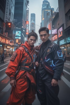 A vibrant illustration of two individual people in an urban setting. The character on the left is an animated male red samurai. he has a serious expression and is posed with her arm around the man on the right. The Malay realistic man is wearing a neon futuristic suit . The background showcases a nein city street with tall buildings, a traffic light, and a signboard. The color palette is dominated by cool tones, with the characters' hair and clothing standing out against the muted city backdrop.