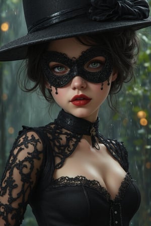 a  [close up] tiny little frog in a raindrop,  of a person wearing a mask, dreamy gothic girl, elegant render, half body photo, mistress, photoshop render, ebony rococo, elegant girl, female spy, haunting beautiful young girl, super-hero girl, extravagant sexy dress, beauty girl, zorro, broad brimmed black hat, 8k resolution,Auguste Renoir ~ Paul Peel ~ John Singer Sargent ~ Alexandre-Jacques Chantron ~ John William Godward ~ John William Waterhouse ~ Han-Wu Shen ~ Ishitaka Amano ~ Chakrapan Posayakrit ~ Kim Jung Gi ~ Kei Mieno ~ Ikushima Hiroshi ~ WLOP ~ William-Adolphe Bouguereau ~ Alphonse Mucha ~Luis Royo ~ Range Murata ~ Jock Sturges photography ~ David Hamillton photography ~ Rustic Sketchbook Style, Sketch Book, Hand Drawn, Dark, Gritty, Realistic Sketch, Rough Sketch, Mix of Bold Dark Lines and Loose Lines, Bold Lines, On Paper, Turnaround Character Sheet, Natural Light, Dynamic, Highly Detailed, Watercolor Painting, Watercolor Paper, Artstation, Concept Art, Smooth and Crisp, Sharp Focus, Illustration, Goth girl,.retro glam,,surreal,sparkles