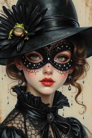 a  [close up] tiny little frog in a raindrop, a close up of a person wearing a mask, dreamy gothic girl, elegant render, half body photo, mistress, photoshop render, ebony rococo, elegant girl, female spy, haunting beautiful young woman, super-hero girl, extravagant dress, beauty girl, zorro, broad brimmed black hat, 8k resolution,Auguste Renoir ~ Paul Peel ~ John Singer Sargent ~ Alexandre-Jacques Chantron ~ John William Godward ~ John William Waterhouse ~ Han-Wu Shen ~ Ishitaka Amano ~ Chakrapan Posayakrit ~ Kim Jung Gi ~ Kei Mieno ~ Ikushima Hiroshi ~ WLOP ~ William-Adolphe Bouguereau ~ Alphonse Mucha ~Luis Royo ~ Range Murata ~ Jock Sturges photography ~ David Hamillton photography ~ Rustic Sketchbook Style, Sketch Book, Hand Drawn, Dark, Gritty, Realistic Sketch, Rough Sketch, Mix of Bold Dark Lines and Loose Lines, Bold Lines, On Paper, Turnaround Character Sheet, Natural Light, Dynamic, Highly Detailed, Watercolor Painting, Watercolor Paper, Artstation, Concept Art, Smooth and Crisp, Sharp Focus, Illustration, Goth girl,.retro glam,,surreal,sparkles