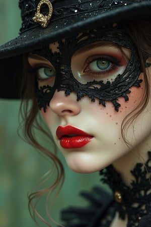 a  close up tiny little frog in a raindrop, a close up of a person wearing a mask, dreamy gothic girl, elegant render, half body photo, mistress, photoshop render, ebony rococo, elegant girl, female spy, haunting beautiful young woman, super-hero girl, extravagant dress, beauty girl, zorro, broad brimmed black hat, 8k resolution,Auguste Renoir ~ Paul Peel ~ John Singer Sargent ~ Alexandre-Jacques Chantron ~ John William Godward ~ John William Waterhouse ~ Han-Wu Shen ~ Ishitaka Amano ~ Chakrapan Posayakrit ~ Kim Jung Gi ~ Kei Mieno ~ Ikushima Hiroshi ~ WLOP ~ William-Adolphe Bouguereau ~ Alphonse Mucha ~Luis Royo ~ Range Murata ~ Jock Sturges photography ~ David Hamillton photography ~ Rustic Sketchbook Style, Sketch Book, Hand Drawn, Dark, Gritty, Realistic Sketch, Rough Sketch, Mix of Bold Dark Lines and Loose Lines, Bold Lines, On Paper, Turnaround Character Sheet, Natural Light, Dynamic, Highly Detailed, Watercolor Painting, Watercolor Paper, Artstation, Concept Art, Smooth and Crisp, Sharp Focus, Illustration, Goth girl,.retro glam,,surreal,sparkles