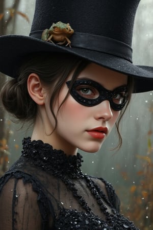 a tiny little frog in a raindrop,  of a person wearing a mask, dreamy gothic girl, elegant render, half body photo, mistress, photoshop render, ebony rococo, elegant girl, female spy, haunting beautiful young girl,sexy super-hero girl, extravagant sexy dress, beauty girl, zorro, broad brimmed black hat, 8k resolution,Auguste Renoir ~ Paul Peel ~ John Singer Sargent ~ Alexandre-Jacques Chantron ~, ((full body,)) John William Godward ~ John William Waterhouse ~ Han-Wu Shen ~ Ishitaka Amano ~ Chakrapan Posayakrit ~ Kim Jung Gi ~ Kei Mieno ~ Ikushima Hiroshi ~ WLOP ~ William-Adolphe Bouguereau ~ Alphonse Mucha ~Luis Royo ~ Range Murata ~ Jock Sturges photography ~ David Hamillton photography ~ Rustic Sketchbook Style, Sketch Book, Hand Drawn, Dark, Gritty, Realistic Sketch, Rough Sketch, Mix of Bold Dark Lines and Loose Lines, Bold Lines, On Paper, Turnaround Character Sheet, Natural Light, Dynamic, Highly Detailed, Watercolor Painting, Watercolor Paper, Artstation, Concept Art, Smooth and Crisp, Sharp Focus, Illustration, Goth girl,.retro glam,,surreal,sparkles