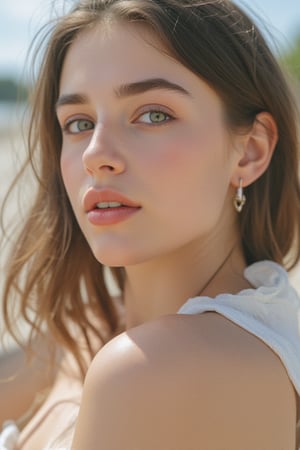 white face, blue and green eyes, brown hair, look 24 years, good smile, beauty face, realistic face, high résolution face, half body, 80 kg, include neck and chest and under chest, over view, many poses, summer clothes, 