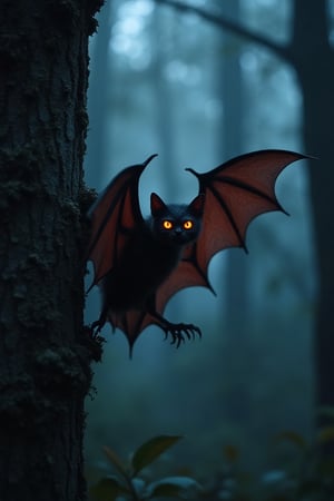 A creepy bat with glow red eyes perching on shady tree branch. In the dark fantasy forest. Eerie. Dark Night. 