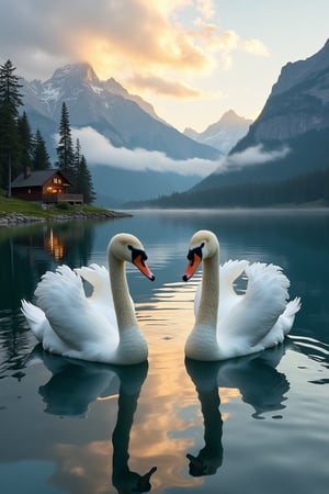 couple of swans on a lake, water reflection, mountains, pine forest, lakeside cabin, sunset, clouds.  Masterpiece, Professional, Top Quality, High Resolution, High Detail, Perfect Detail, fantasy art, Color,