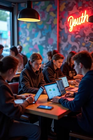 Youth and Technology: "A group of young people sits together in a modern café, surrounded by high-tech gadgets like laptops, tablets, and smartphones. They’re interacting with each other—some working on creative projects, others playing video games, and a few recording a vlog. The atmosphere is full of energy and creativity, with contemporary art murals and neon lights in the background.
