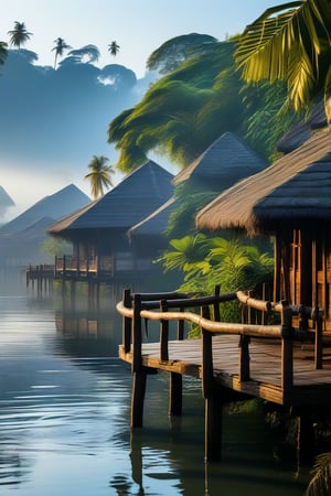 Morning in a Malaysian Village: "Imagine a traditional Malay village in the early morning. Wooden houses with thatched roofs stand on stilts, surrounded by lush green coconut trees and tropical vegetation. A clear river flows gently by the edge of the village, its waters reflecting the soft morning sunlight. Along the riverbank, there’s a small wooden jetty with a tied sampan, while in the distance, mist-covered hills form the backdrop, blending into the peaceful morning atmosphere."