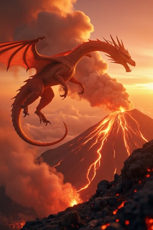 A majestic fiery dragon with scales shimmering in the sunset, soaring majestically in the sky above an erupting volcano. The volcano spews molten lava and ash, creating a dramatic backdrop. The dragon's wings are outstretched, casting a shadow over the fiery landscape. The scene is framed with the dragon in the center, surrounded by swirling smoke and glowing embers. The lighting is intense, with fiery reds and oranges illuminating the sky.