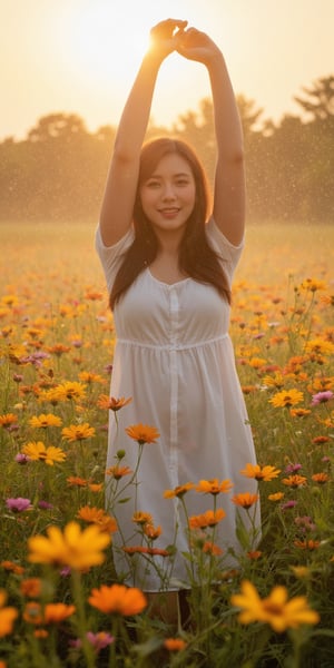 A woman, her form outlined softly, dances in a field of wildflowers during sunset. The vibrant colors of the flowers and warm light create a dreamlike atmosphere around her. The background is a painterly blur of blossoms, suggesting movement and freedom. This image symbolizes joy and the celebration of life, inviting viewers to immerse in the beauty of the moment.