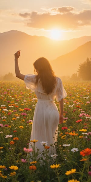 A woman, her form outlined softly, dances in a field of wildflowers during sunset. The vibrant colors of the flowers and warm light create a dreamlike atmosphere around her. The background is a painterly blur of blossoms, suggesting movement and freedom. This image symbolizes joy and the celebration of life, inviting viewers to immerse in the beauty of the moment.