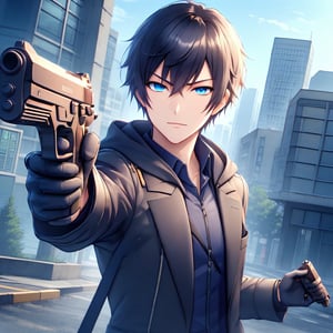 solo, male focus, standing, outdoor, near police station, (dress: black blazer suit, hooded trench coat), black hair, calm face, looking at viewer, shooting, upper body, dutch angle, dual pistols, blue eyes