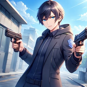 solo, male focus, standing, outdoor, near police station, (dress: black blazer suit, hooded trench coat), black hair, calm face, looking at viewer, shooting, upper body, dutch angle, dual pistols, blue eyes