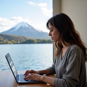 A 22-year-old Chilean woman with long brown hair and brown eyes sits at a desk, intensely focused on her laptop screen as she types away. her profile is captured in a lateral view, showcasing the gentle curve of her features. Soft daylight streams in through the window behind her, illuminating the tranquil lake scene and snow-capped volcano in the distance, with ripples gently disturbing the calm water's surface.