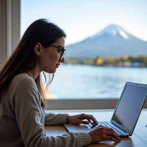 A 22-year-old Chilean woman with long brown hair and brown eyes sits at a desk, intensely focused on her laptop screen as she types away. Wearing glasses, her profile is captured in a lateral view, showcasing the gentle curve of her features. Soft daylight streams in through the window behind her, illuminating the tranquil lake scene and snow-capped volcano in the distance, with ripples gently disturbing the calm water's surface.