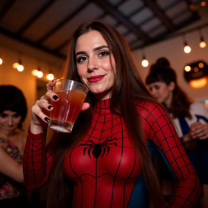 A 22-year-old Caucasian woman with long brown hair and brown eyes wearing a Gwen-spider costume in a Halloween party, she is having a drink,  low camera shot 